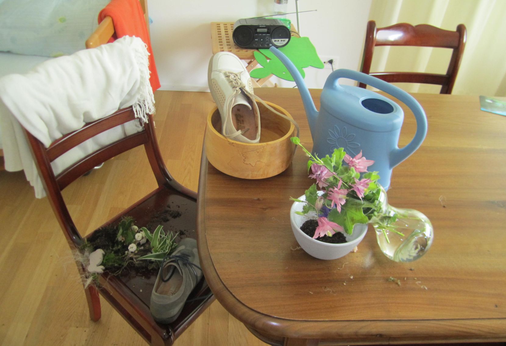 Schuhe liegen neben Pflanzen auf dem Tisch.