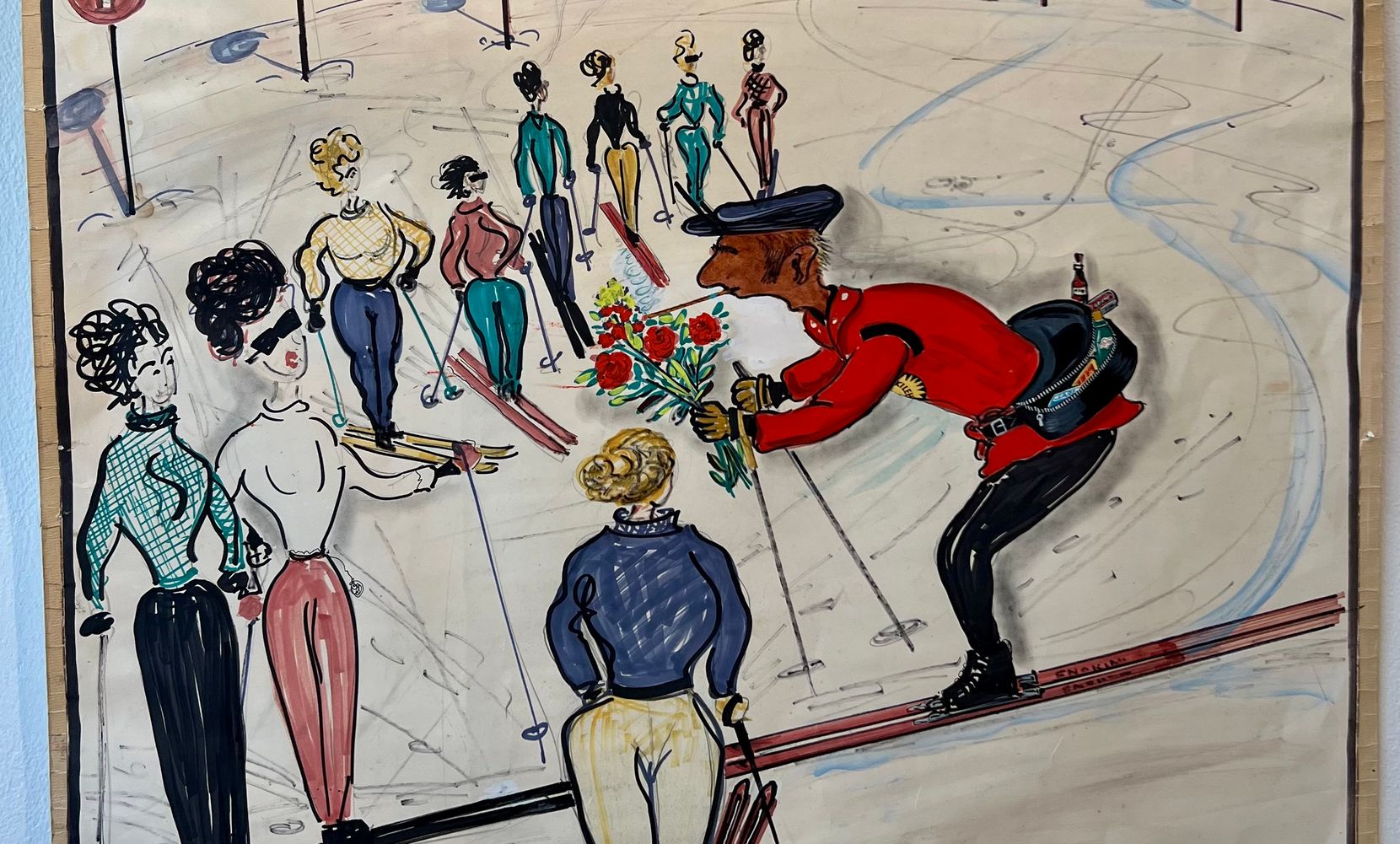 Foto einer Zeichnung von Ueli Tischhauser, auf der ein Skifahrer mit Blumen in der Hand und mehrere Skifahrerinnen zu sehen sind.