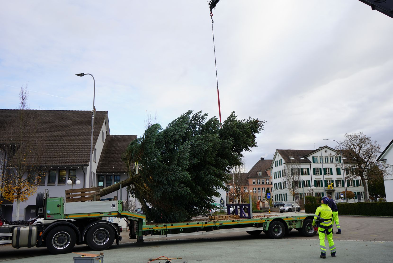 Eine grosse Tanne wird mit einem Kran von einem LKW gehoben.