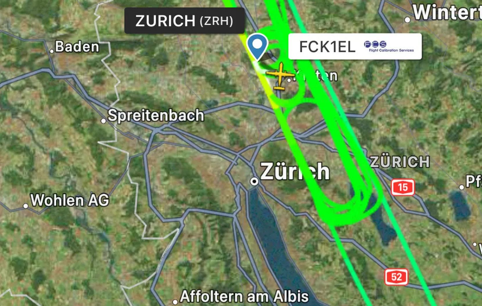 Man sieht eine Landkarte vom Kanton Zürich. Darauf sind mehrere leuchtgrüne Linien eingezeichnet, die die Messflüge über dem Glattal und dem Pfannenstiel zeigen.
