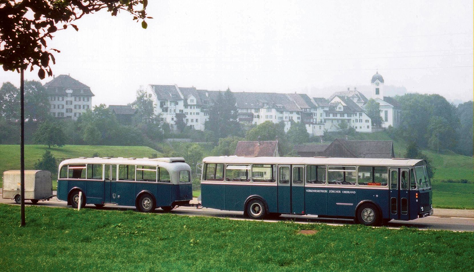 Alte Busse auf einem Hügel vor einem Städtchen.