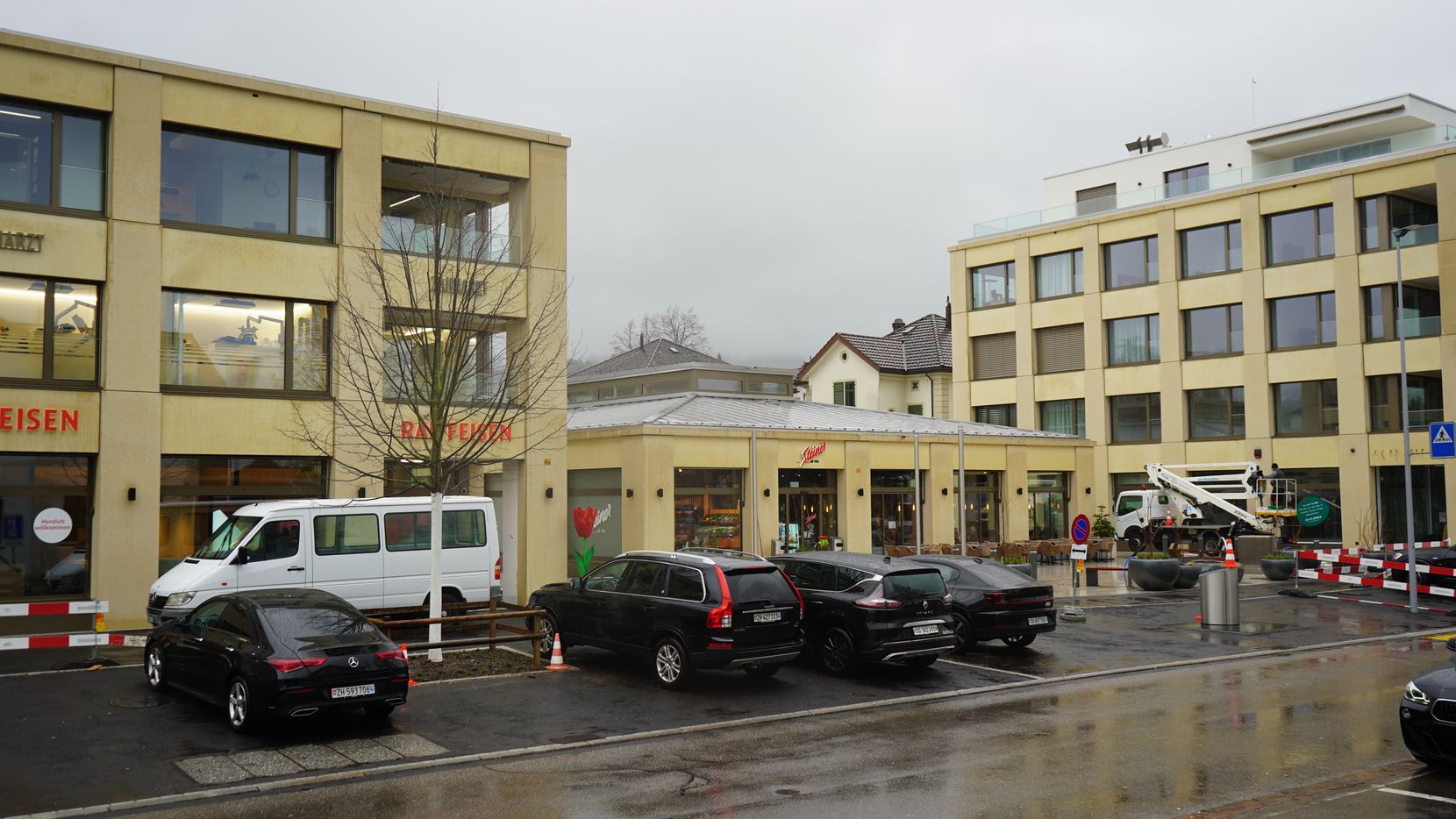 Die neu gepflanzte Linde steht auf dem fast fertiggestellten Bahnhofplatz in Hinwil.