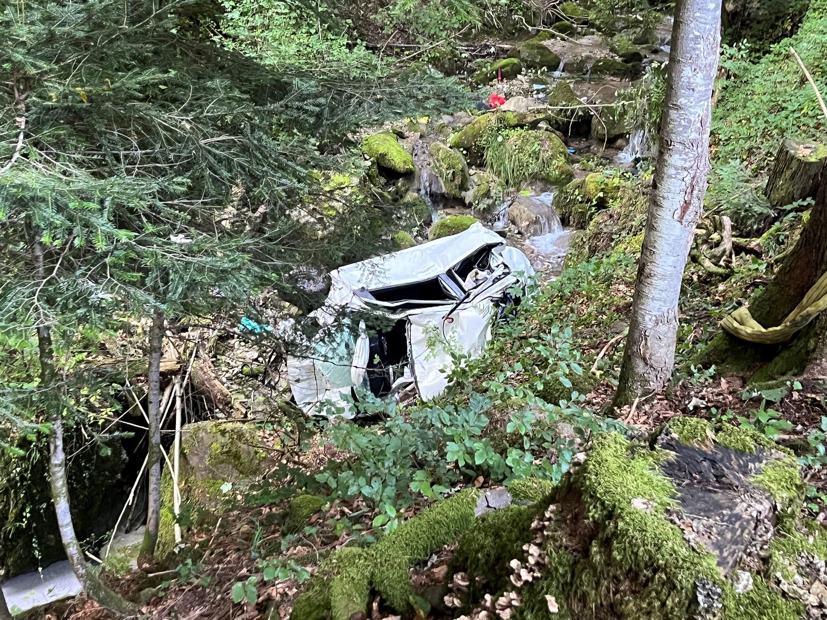 Man sieht ein zerstörtes Auto, das in einer Böschung im Wald liegt.