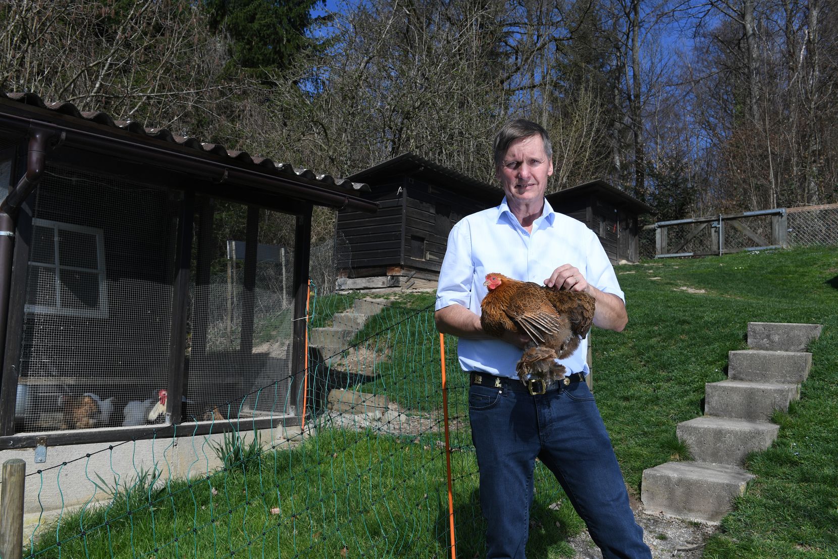 Zu Besuch bei Urs Weiss, Praesident des Schweizer Kleintierzuechterverbandes - Urs Weiss mit einem Zwerg-Cochin Huhn.