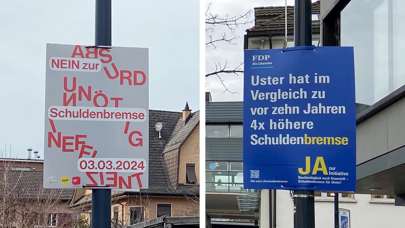 Zwei Plakate in Uster zur Schuldenbremse – Pro und Kontra.