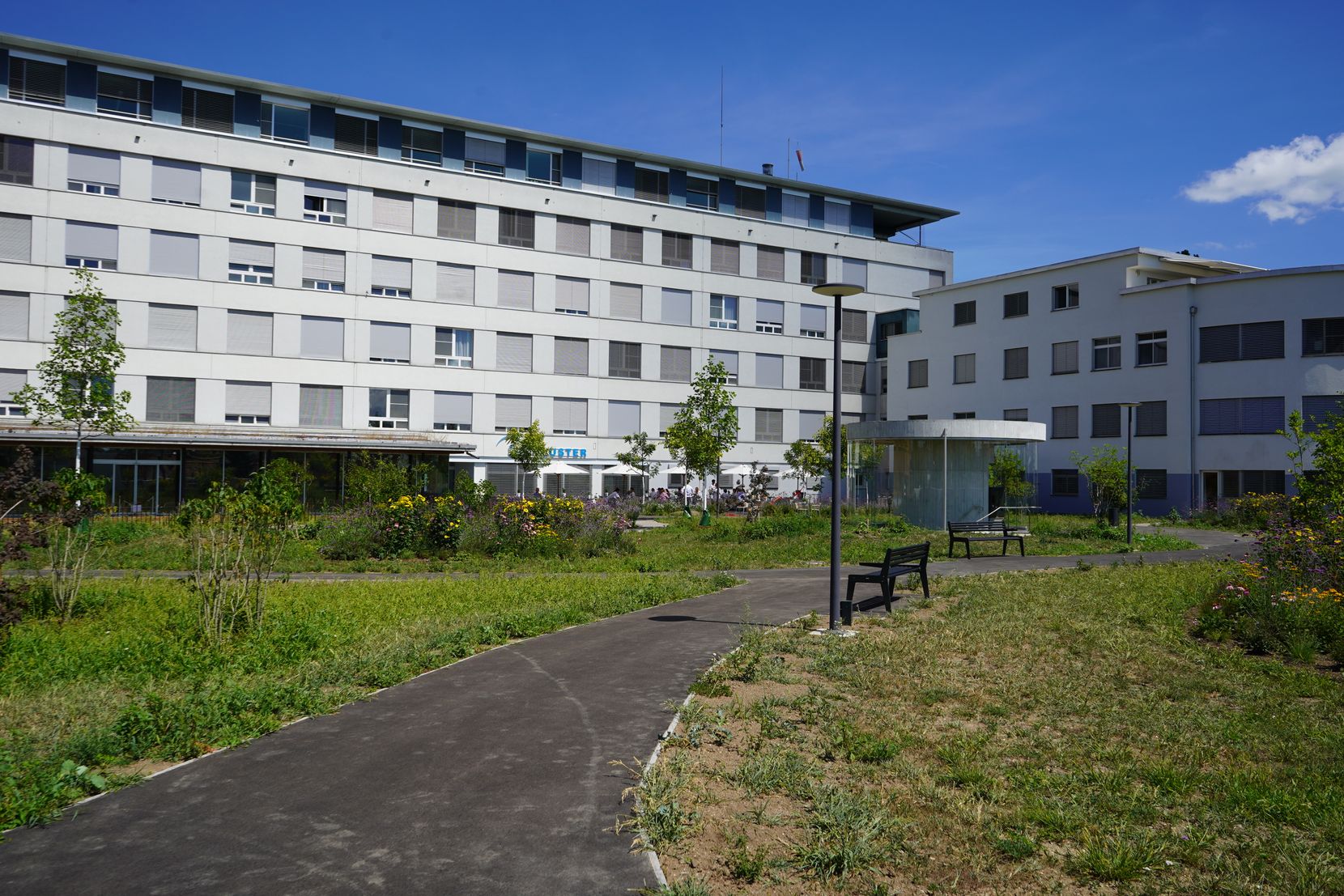 Aussenansicht des Spitals Uster. Ein grüner Park, im Hintergrund ein Spitalblock. 