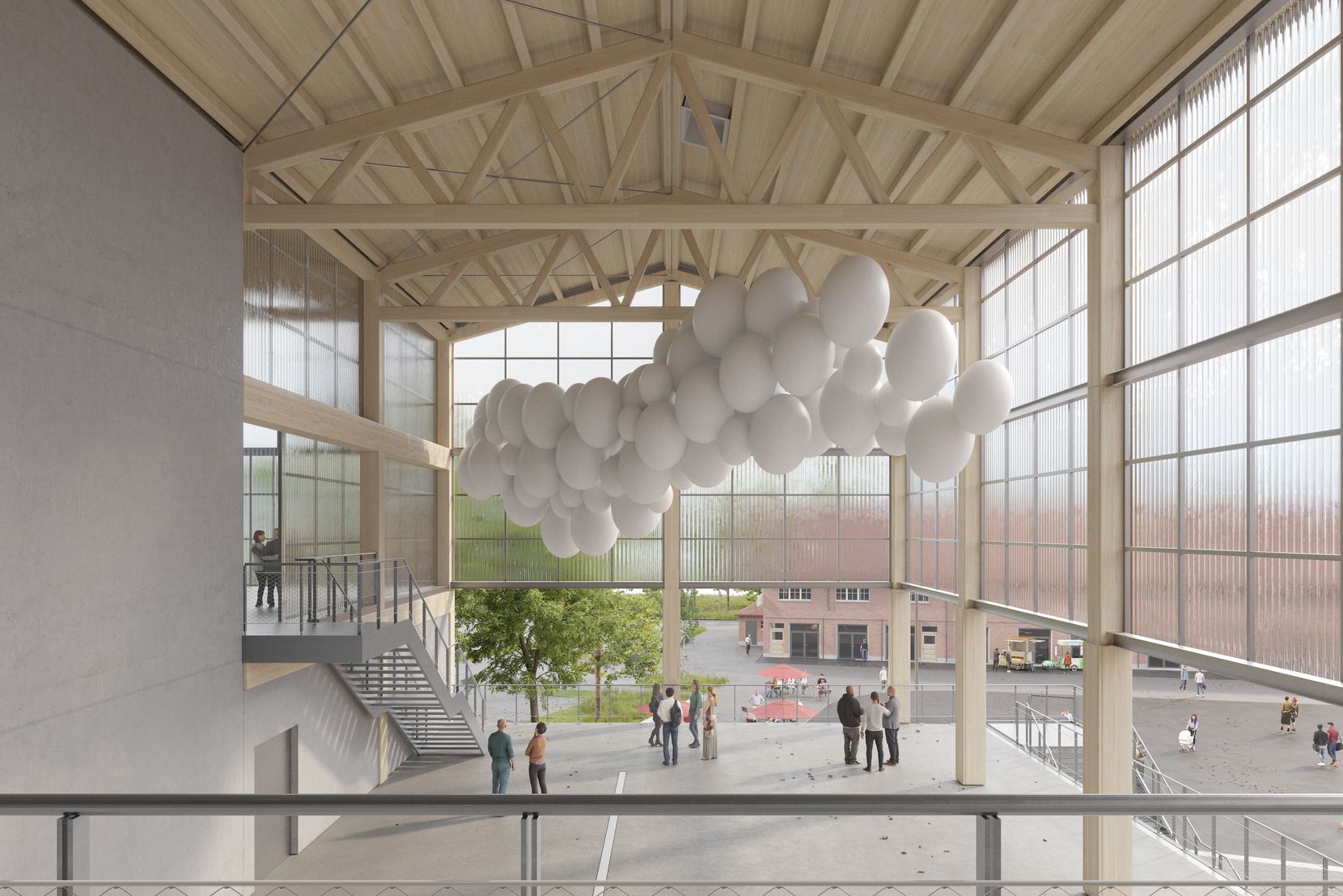 Bild einer lichtdurchfluteten Halle mit grossen Fenstern und weissen Luftballonen drin.