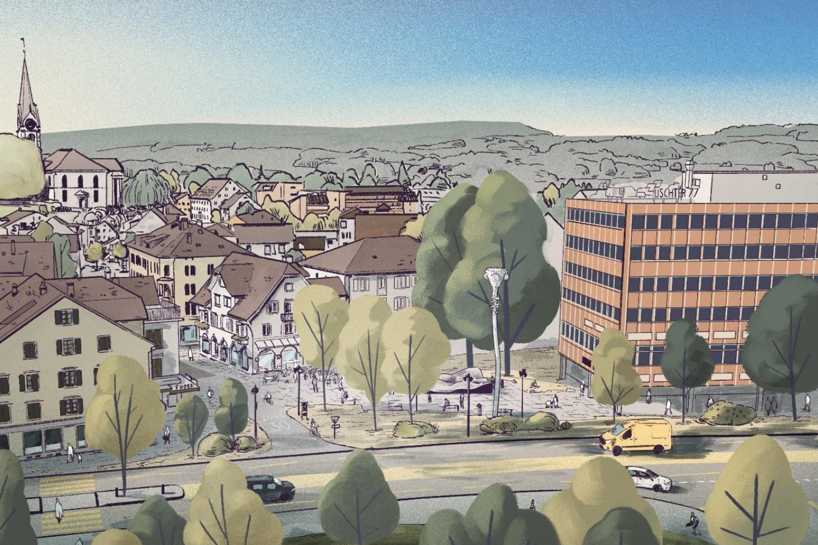 Möglichkeit zur Umgestaltung des Nüsslikreisels zum Sternenplatz mit dem Bau der Moosackerstrasse (Visualisierung), Blick von Norden.