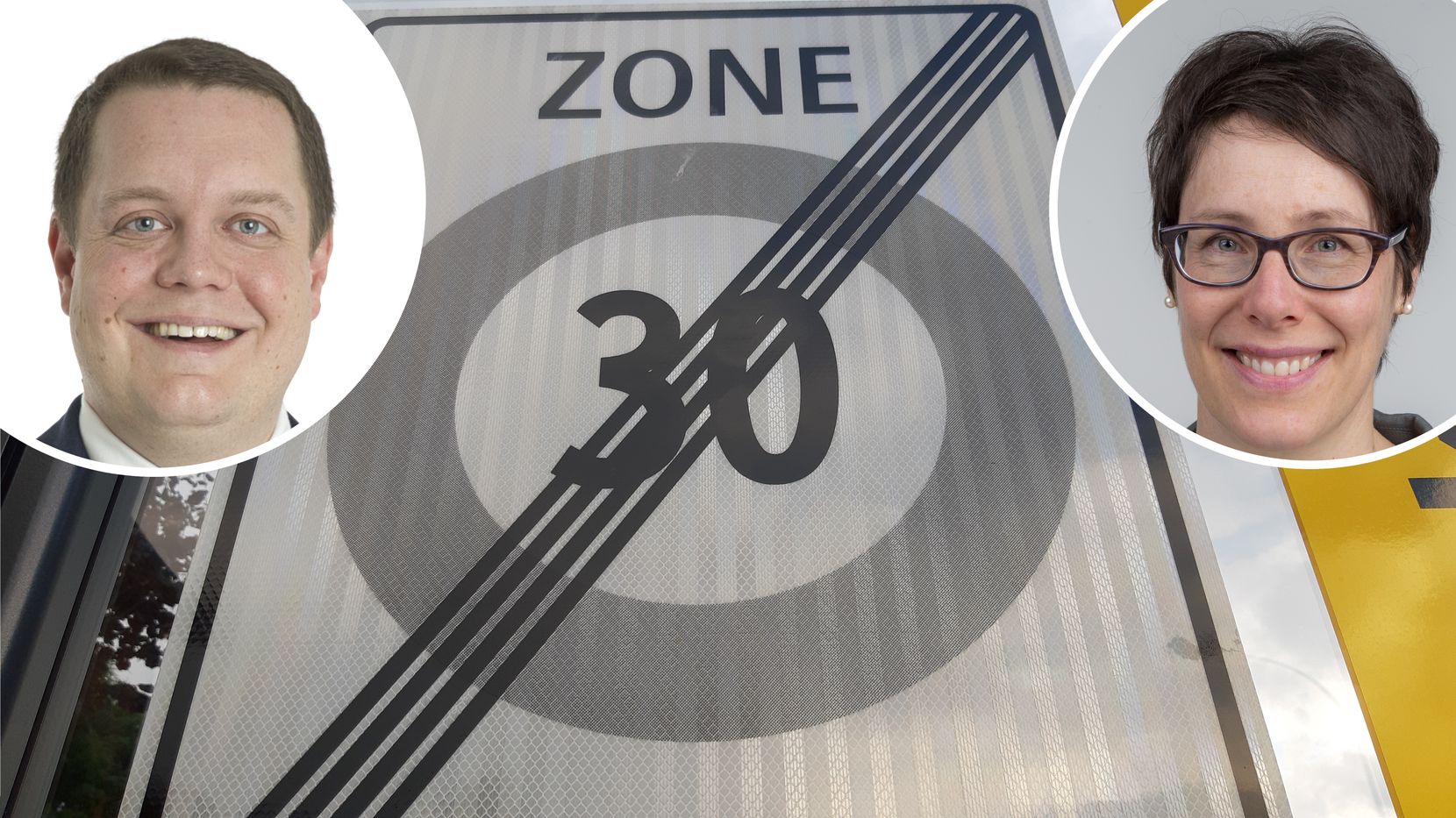 Aufnahme eines Verkehrsschilds, links und rechts oben ist je ein Porträtfoto einer Person eingefügt.