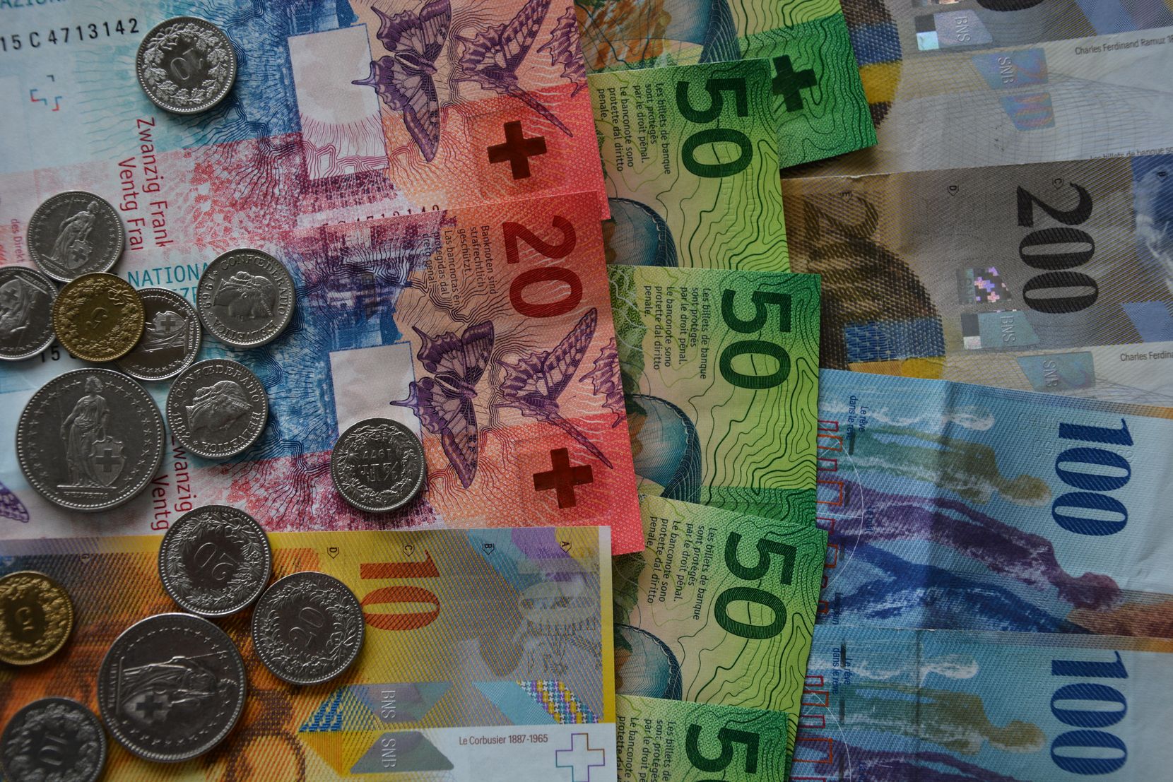 Man sieht Schweizer Geldnoten und Münzen.