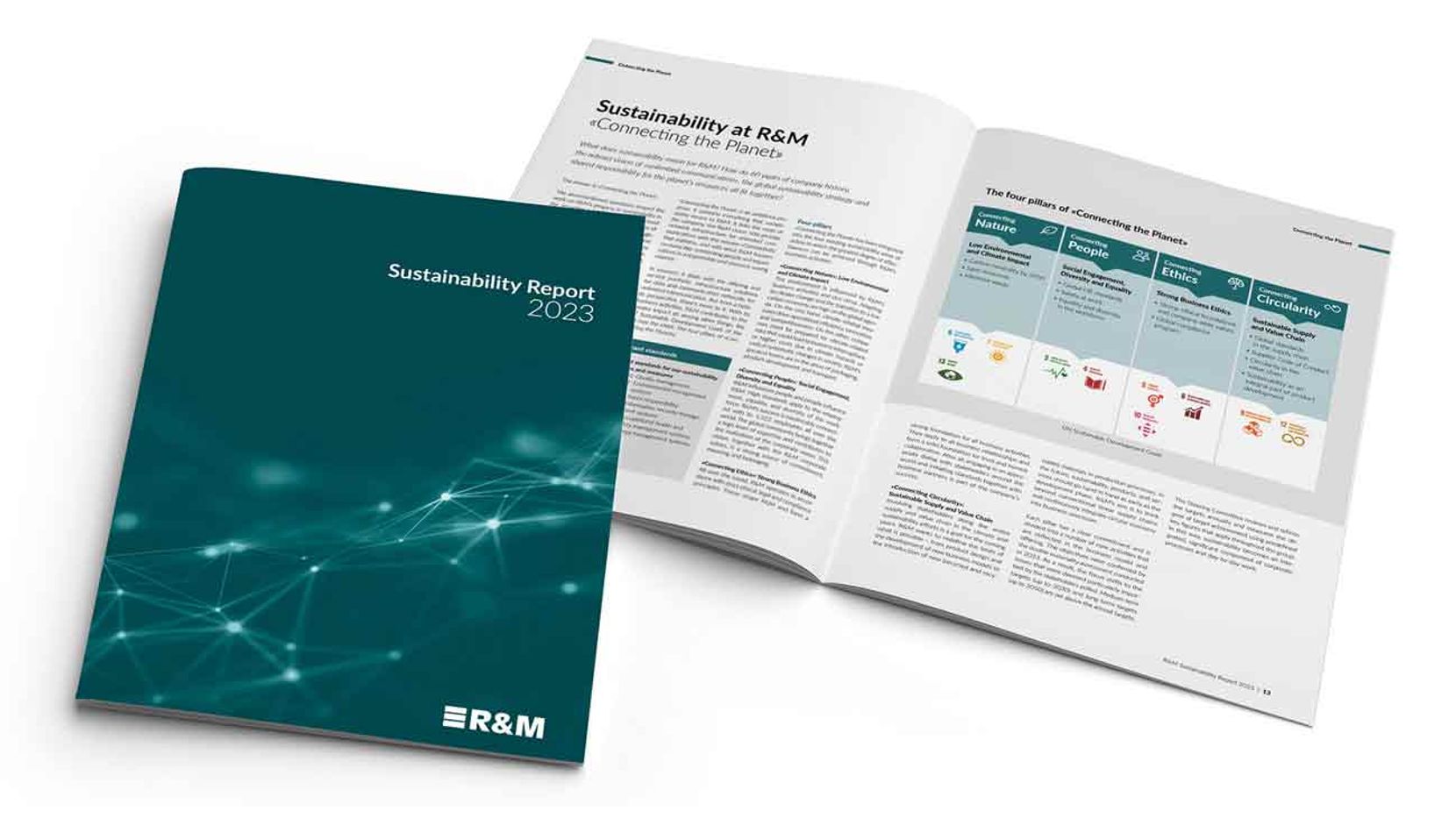 Ein aufgeschlagenes Heft. Inhalt ist der Nachhaltigkeitsbericht von R+M in Wetzikon.