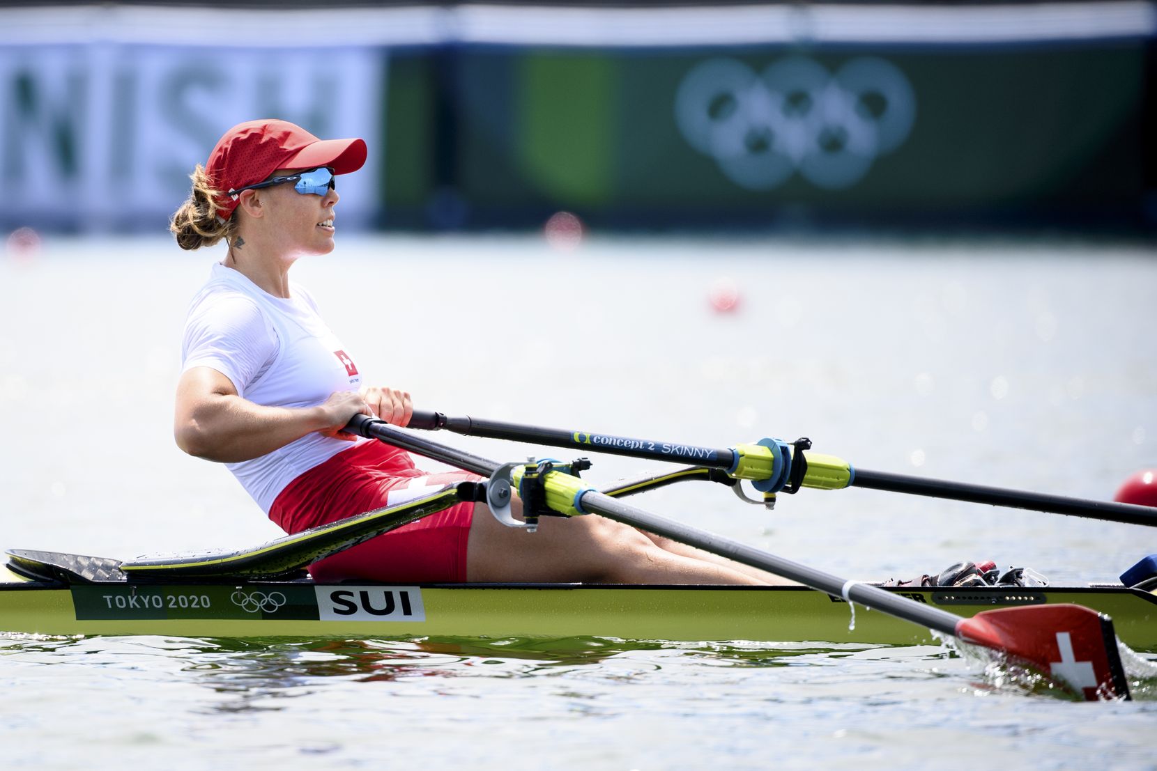 Swiss rower Jeannine Gmelin competes in the women's rowing single sculls heat at the 2020 Tokyo Summer Olympics in Tokyo, Japan, on Friday, July 23, 2021. (KEYSTONE/Laurent Gillieron)