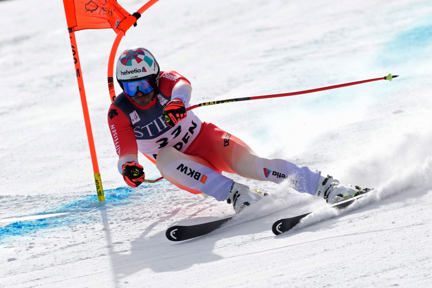 Switzerland's Gilles Roulin competes during a men's World Cup super-G skiing race Sunday, March 5, 2023, in Aspen, Colo. (AP Photo/Robert F. Bukaty)