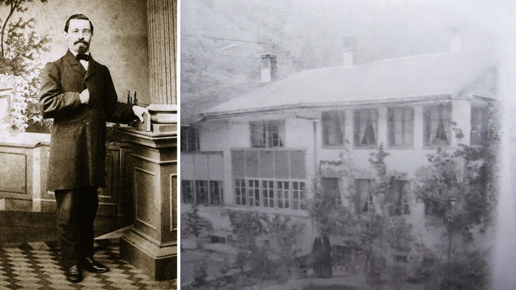 Man sieht links eine Fotografie eines Mannes. Und rechts eine alte Fotoaufnahme eines Flarzhauses.