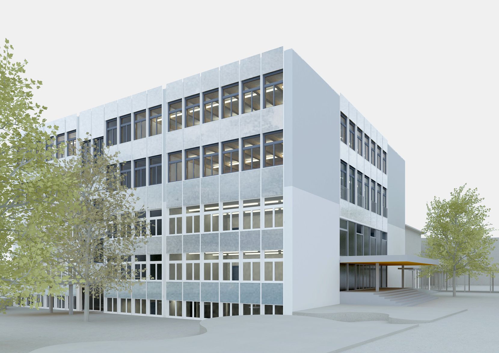 Man sieht eine realistische Animation von einem Schulgebäude von aussen.
