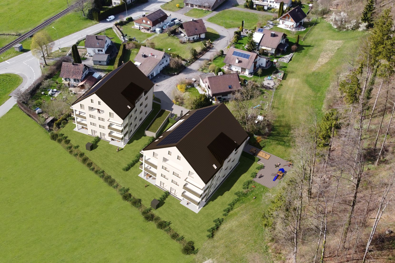 Die Visualisierung zeigt Turbenthal aus der Luft mit dem Quartier am Heerwiesweg. Im Vordergrund zwei Mehrfamilienhäuser.