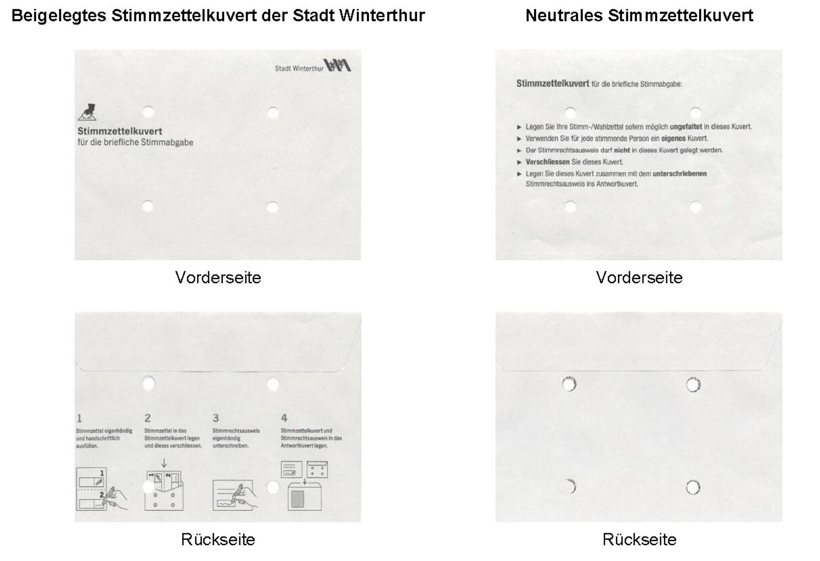 Vier Couverts mit Beschriftungen.