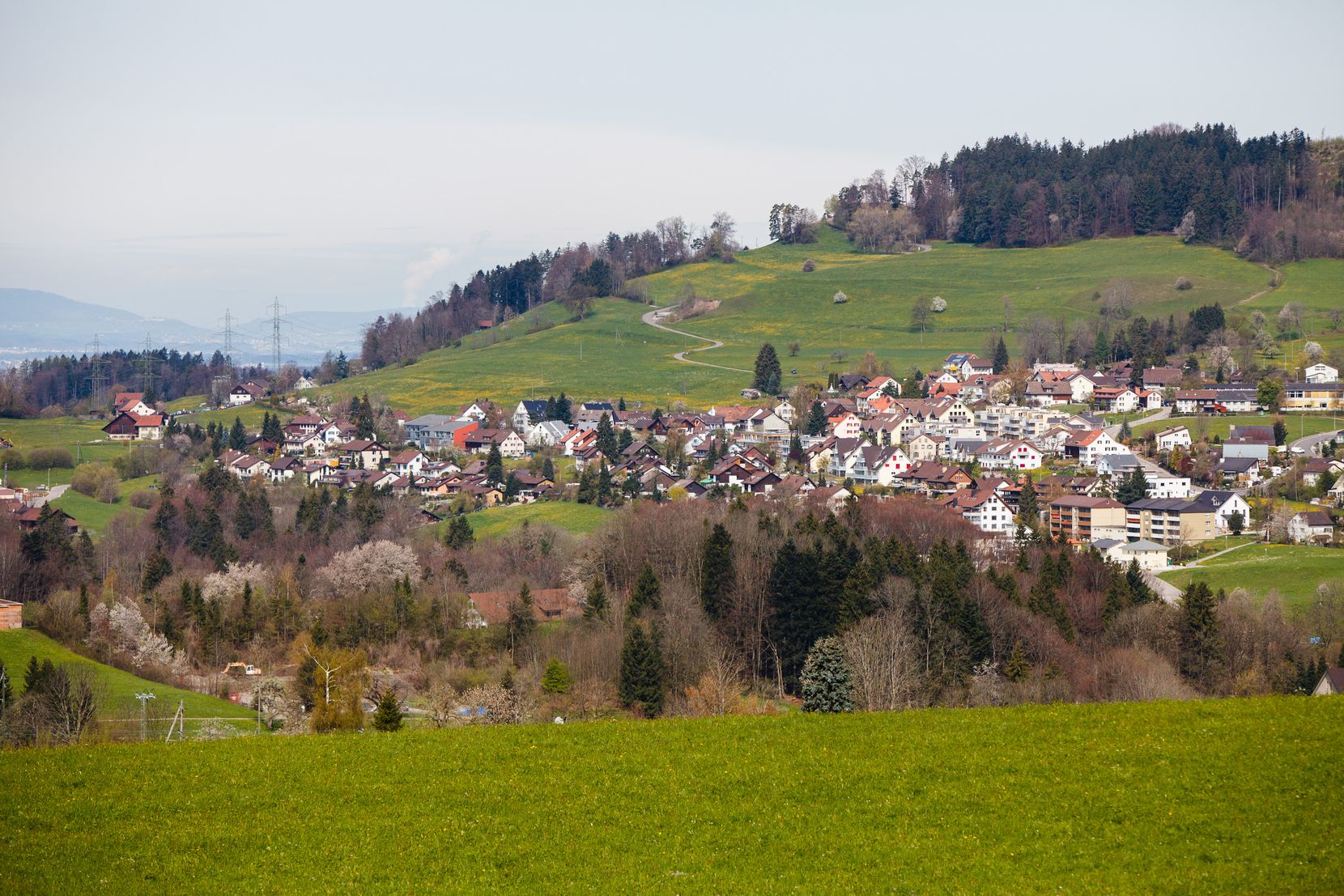 Das Dorf Bäretswil von der Seite aus fotografiert.