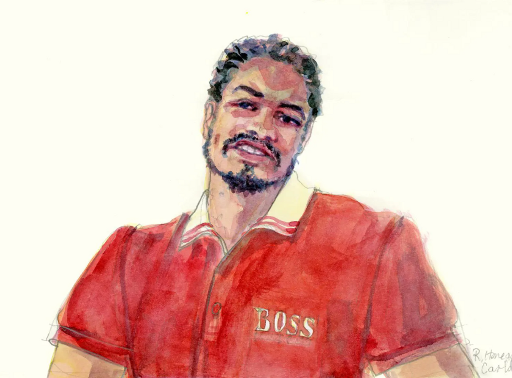 Gerichtszeichnung eines Mannes mit rotem T-Shirt mit der Aufschrift: Boss.