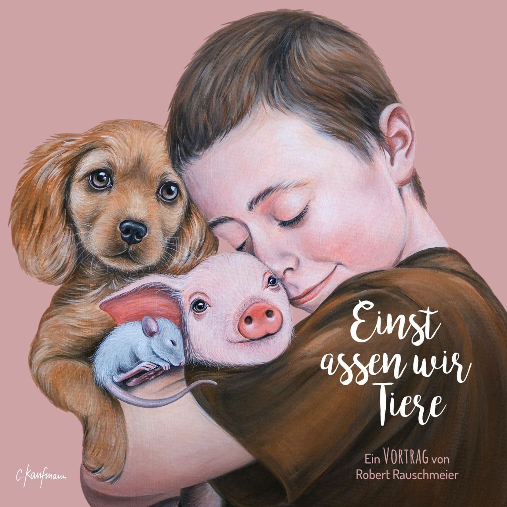 Man sieht ein Kunstwerk von Chantal Kaufmann. Es zeigt einen kleines Kind, mit einem Hund, einer Ratte und mit einem Baby-Schwein im Arm.