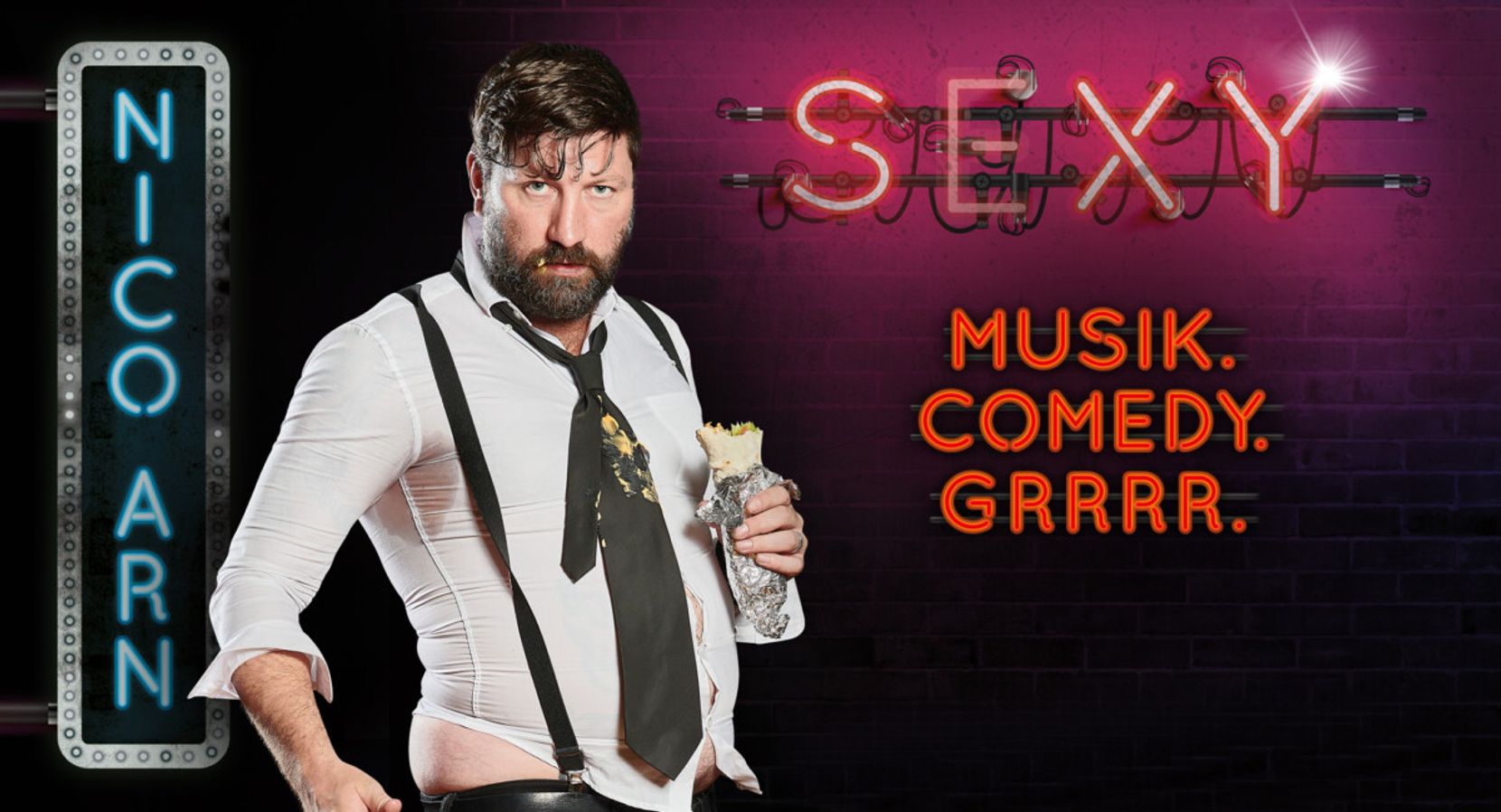 Zu sehen ist Nico Arn auf dem Plakat seines Programmes «Sexy» in welchem er auf witzige Art Comedy und Musik zu einer einzigartigen Show verbindet.