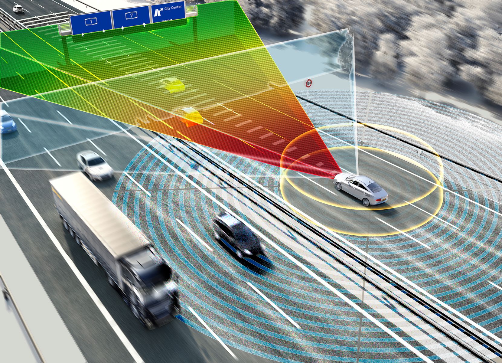 Visualisierung eines Autos, das mit Sensortechnologie die Umgebung scannt.