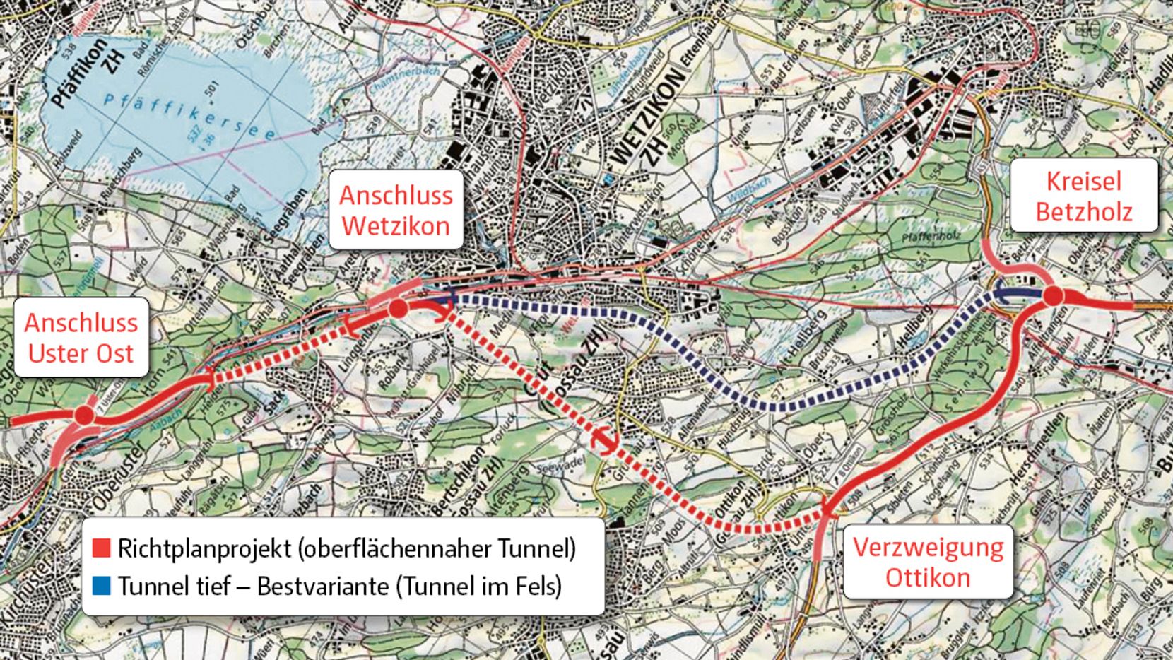 Ein Kartenausschnitt der Gegend zwischen Uster und dem Hinwiler Betzholzkreisel mit zwei eingezeichneten Routen.