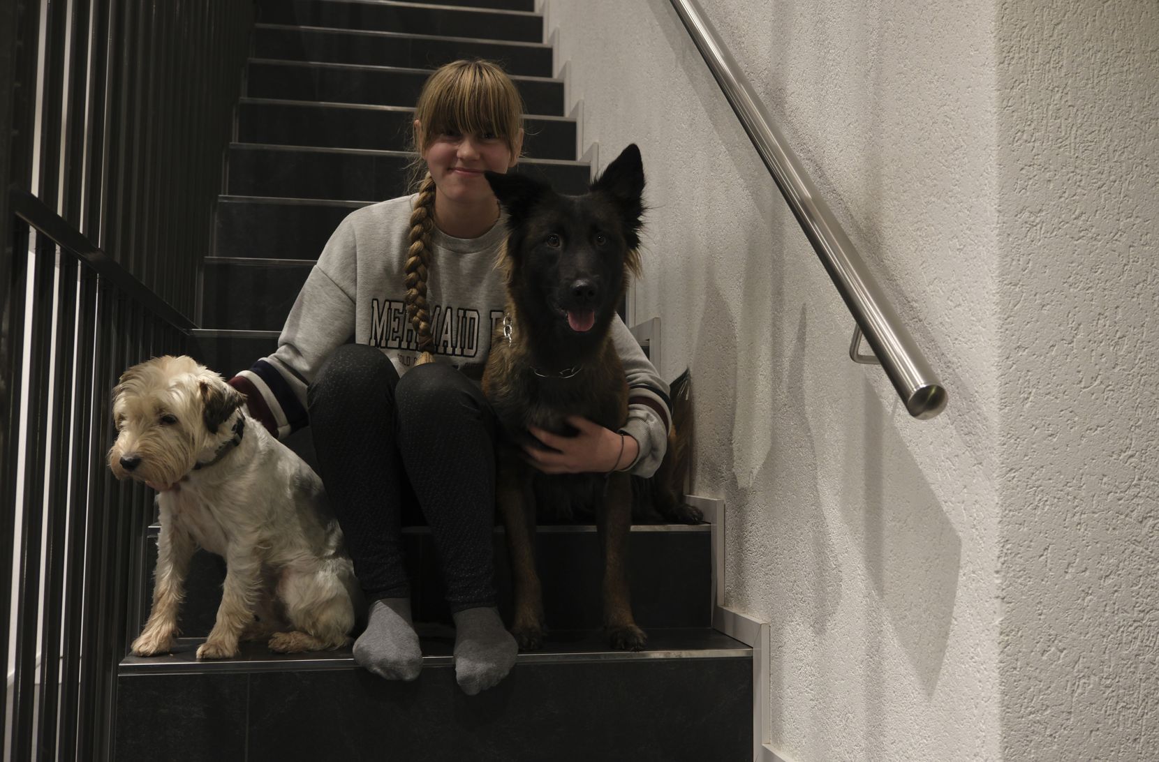 Auf dem Bild ist ein Mädchen mit zwei Hunden auf einer Treppe sitzend zu sehen.