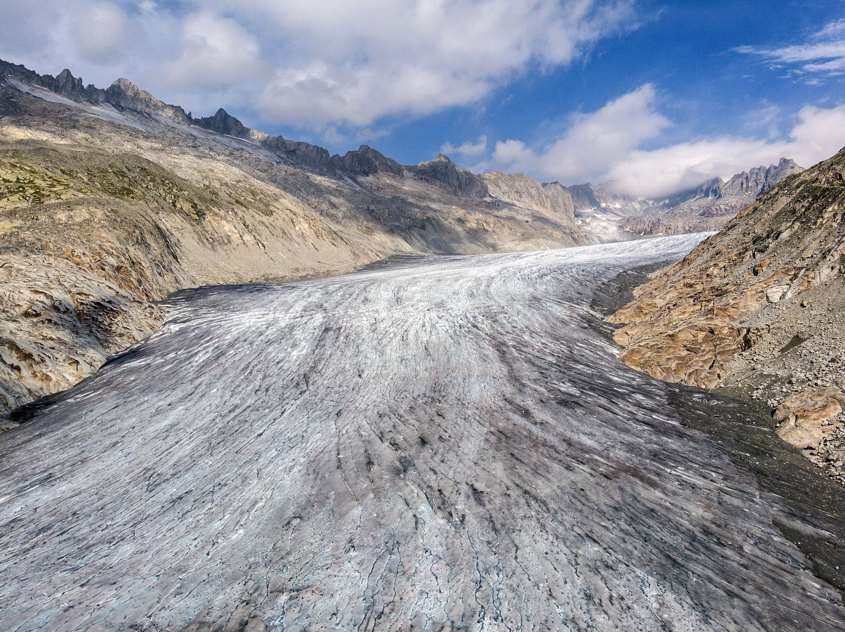 Sicht auf den Rhonegletscher Richtung Osten, am Freitag, 25. August 2023, oberhalb von Gletsch im Kanton Wallis.