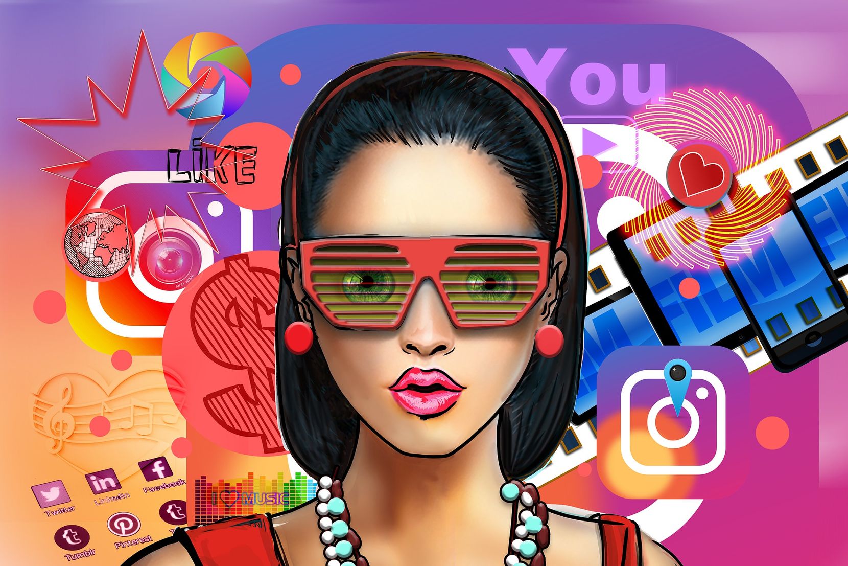 Grafik mit einer Person und zahlreichen Icons von Social Media-Plattformen.