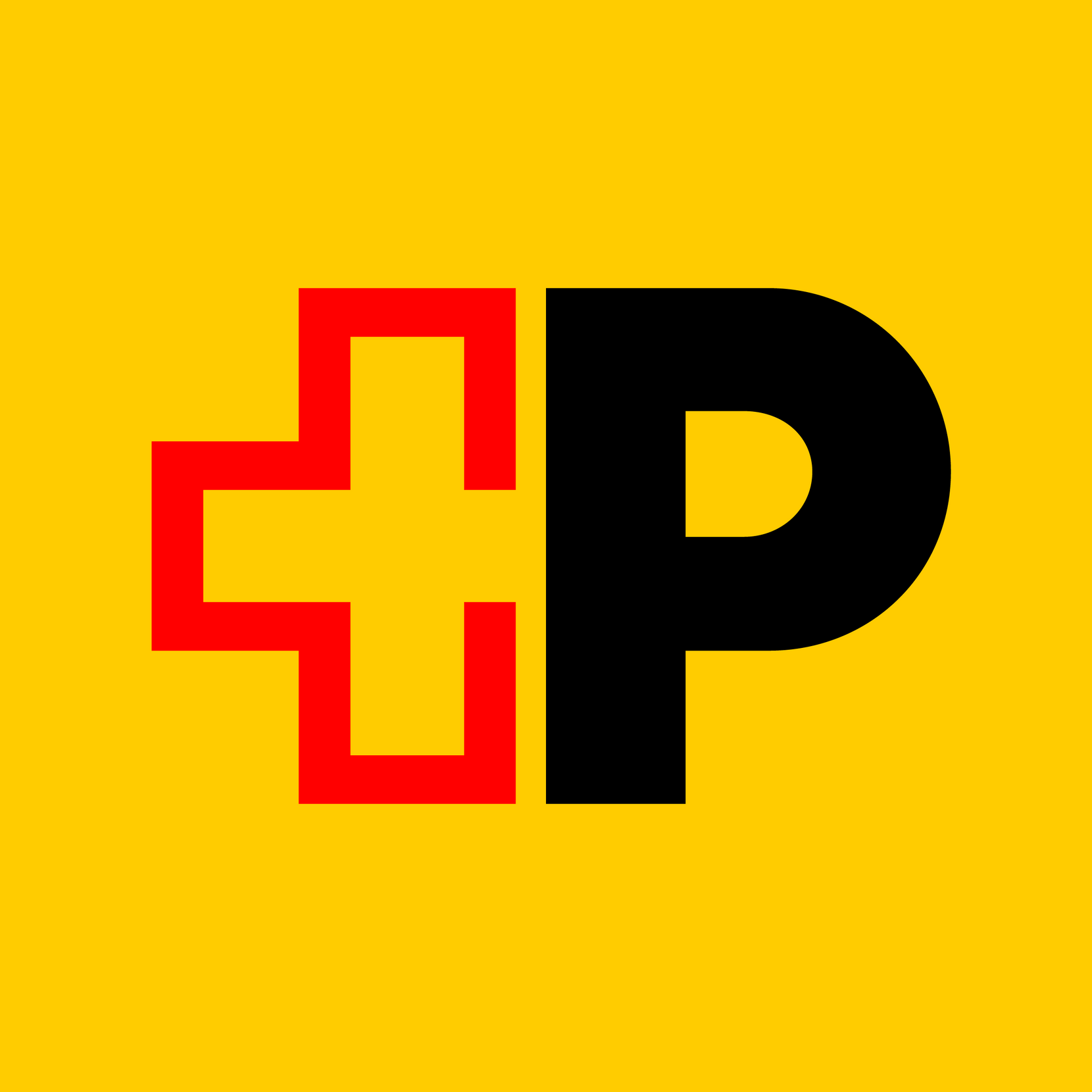 Gelbe Fläche, ein schwarzes «P» und ein dreiviertel Schweizer Kreuz in Rot.