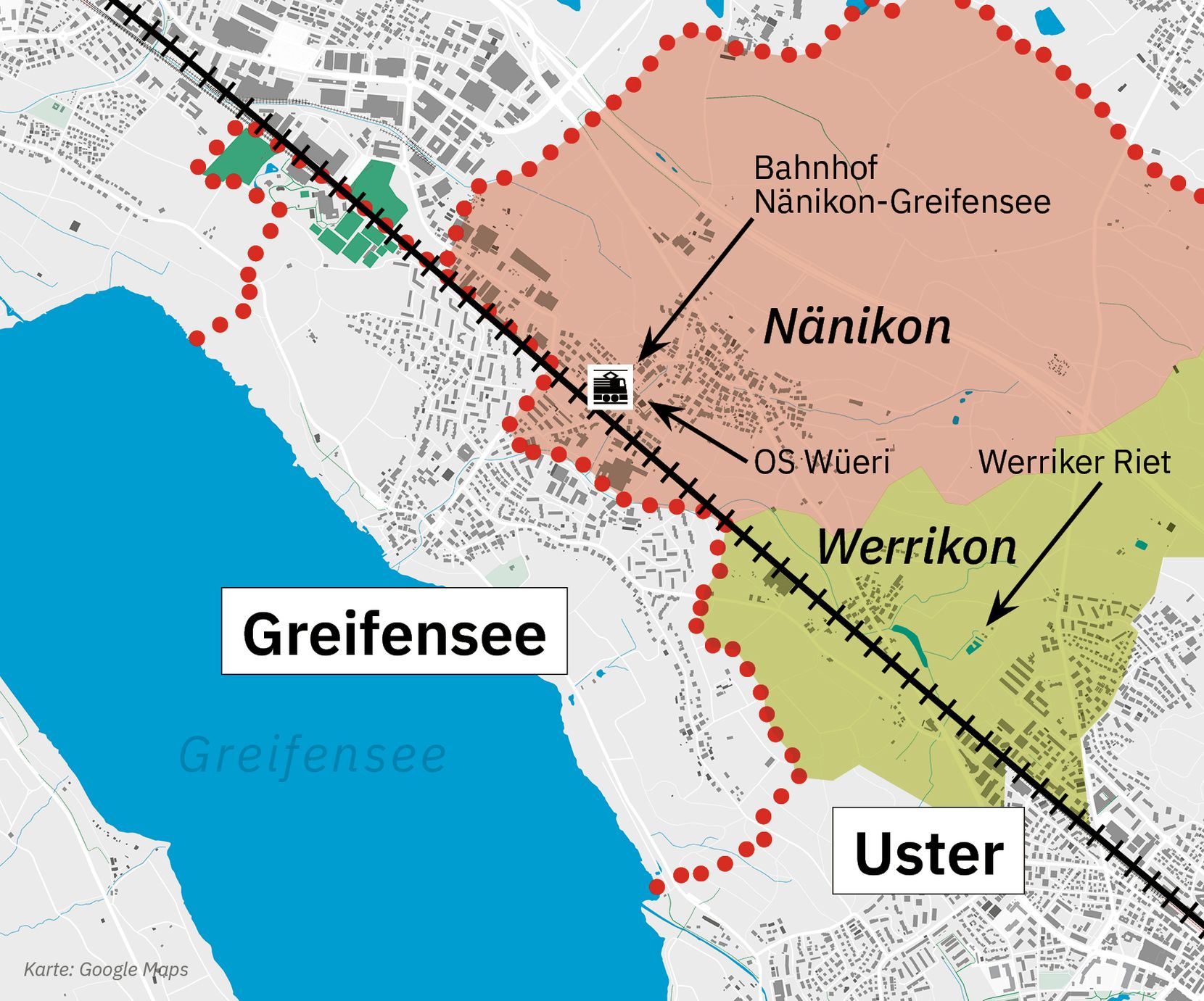 Karte mit den Gemeindegrenzen zwischen Greifensee und Uster. Das Oberstufenschulhaus Wüeri, in der Nähe vom Bahnhof Nänikon-Greifensee, liegt auf dem Gebiet von Nänikon. Werrikon liegt auf derselben Bahnseite.