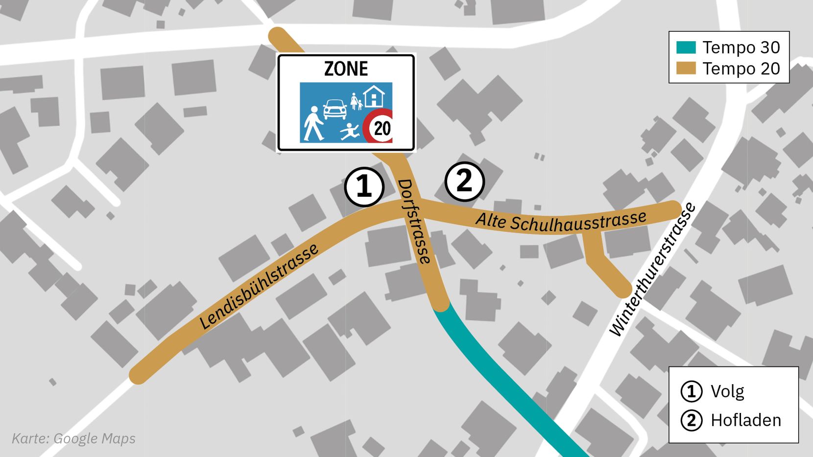 Karte mit den neuen Tempo-20- und Tempo-30-Zonen in der Dorfstrasse, Lendisbühlstrasse und Alten Schulhausstrasse.