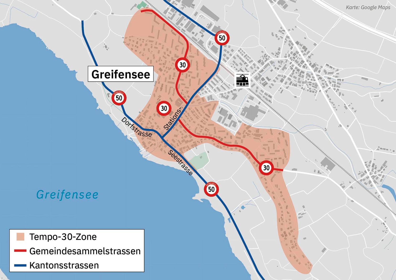 Karte von Greifensee mit grossflächigen Tempo-30-Zonen. Auf den Kantonsstrassen gilt noch Tempo 50.