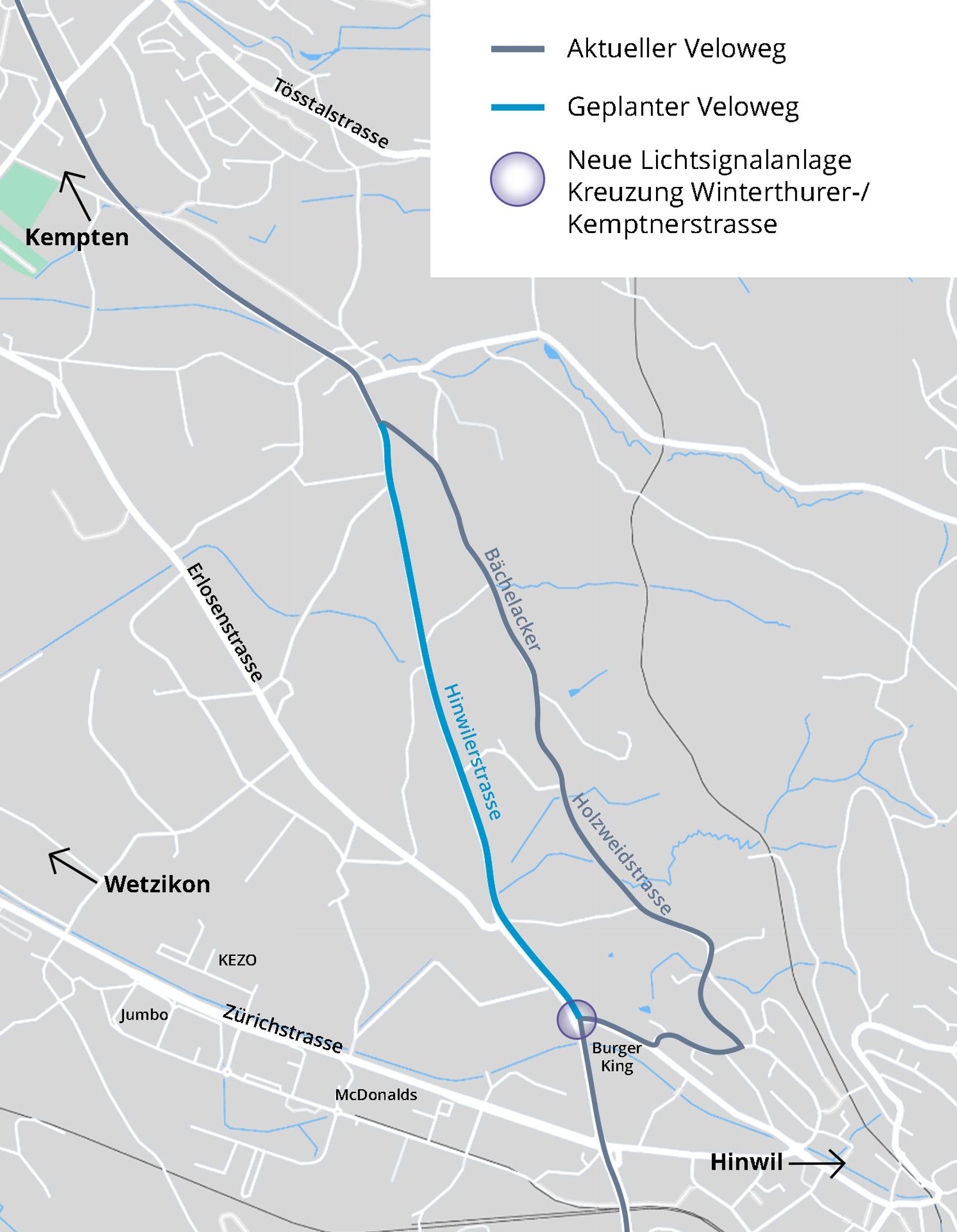 Visualisierung des neu geplanten Velowegs von Wetzikon nach Hinwil