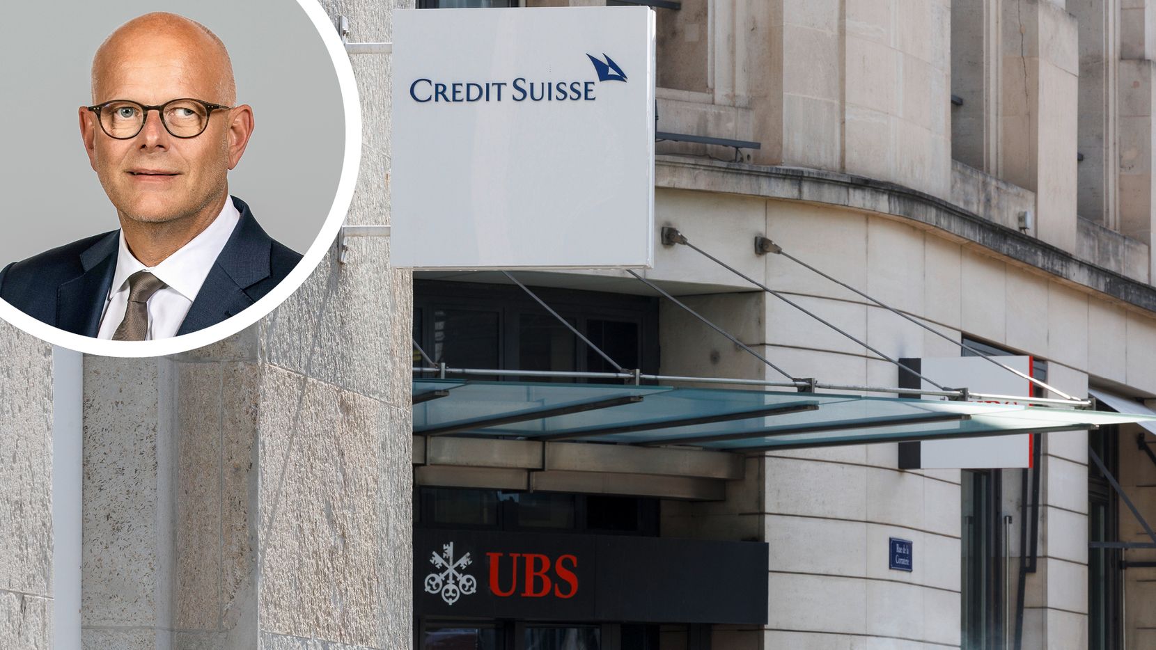Portrait von Zaugg der Bank Avera oben links. Hauptbild 2 Filialen der Banken Credit Suisse und UBS nebeneinander.