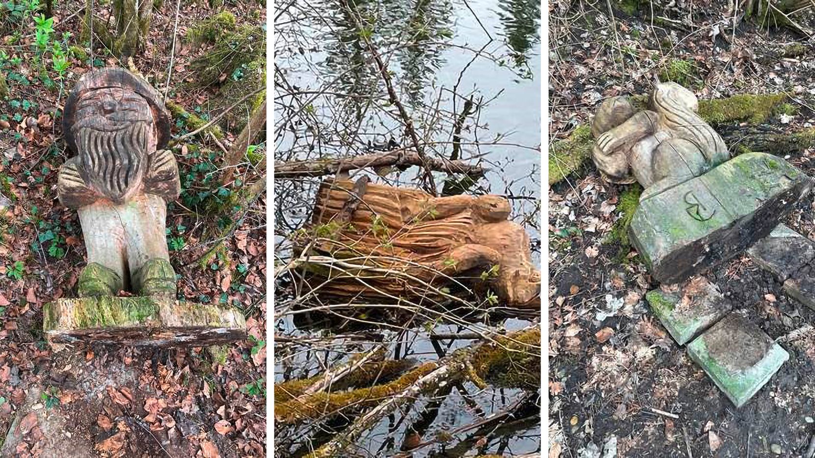 Man sieht drei Fotos von Holzskulpturen, die umgeschubst wurden.