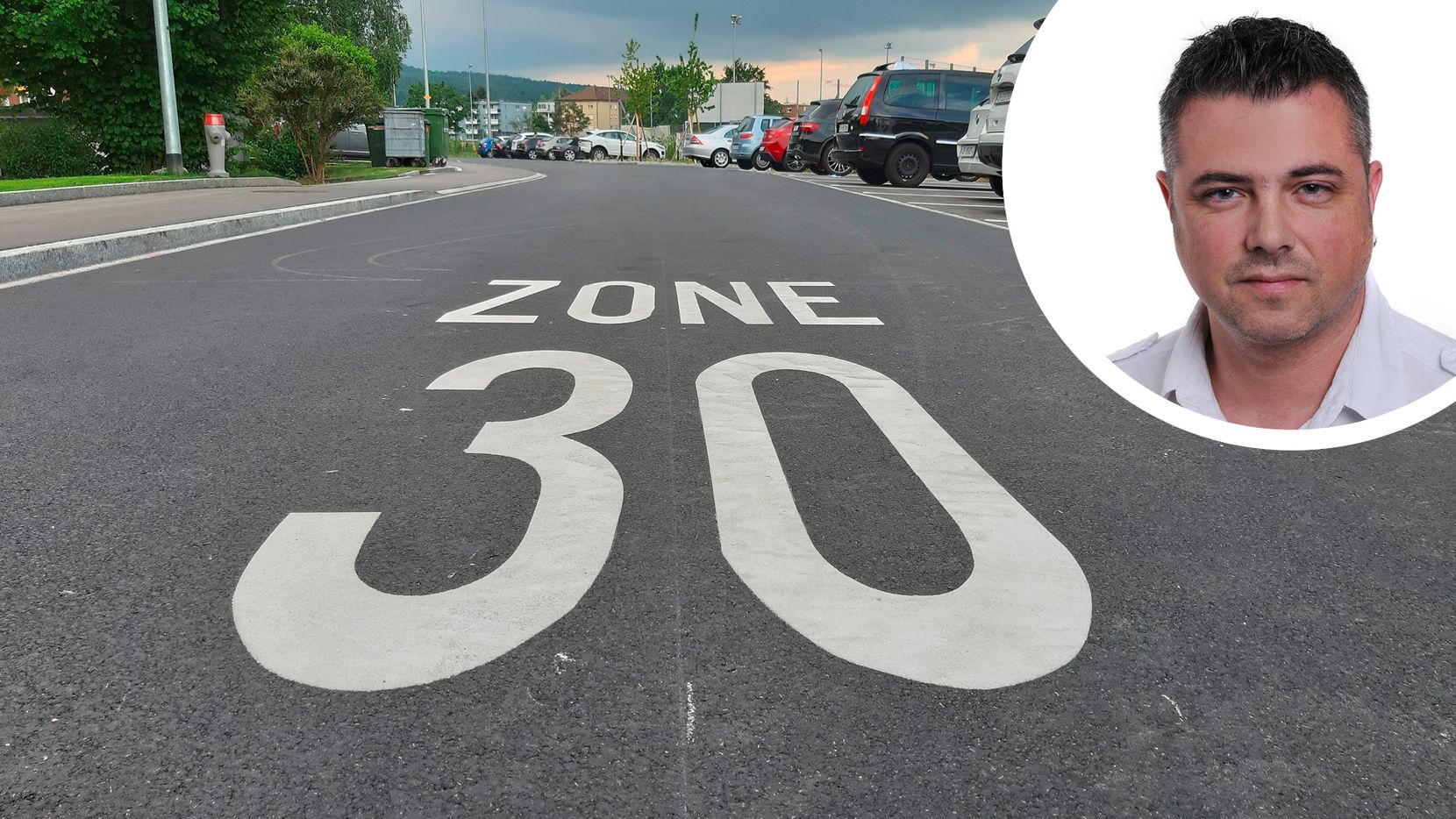 Bildkombo. Foto eines «Zone 30»- Aufdrucks auf der Strasse. Oben rechts ein Portrait von Thomas Bacher in einem weiss-umrandeten Kreis.