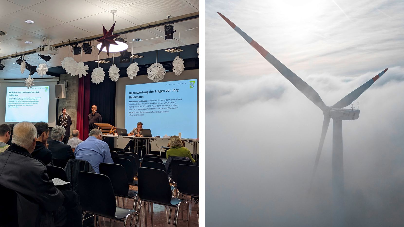 Bildkombo: Links Foto der Gemeindeversammlung Bäretswil. Rechts ein Symbolbild eines Windrads im Nebel und Sonnenlicht.