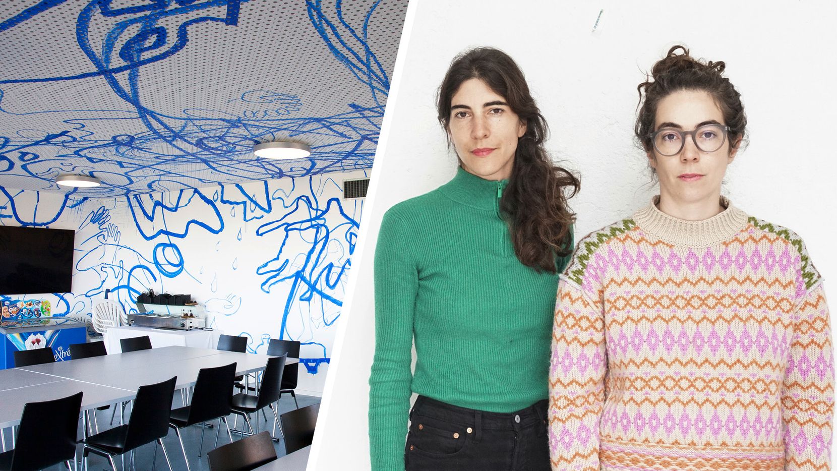 Bildkombo aus einem Foto links von dem umstrittenen Werk «Circuit Flow» und rechts daneben einem Foto der beiden Künstlerinnen Stefanie Kägi und Maureen Kägi.