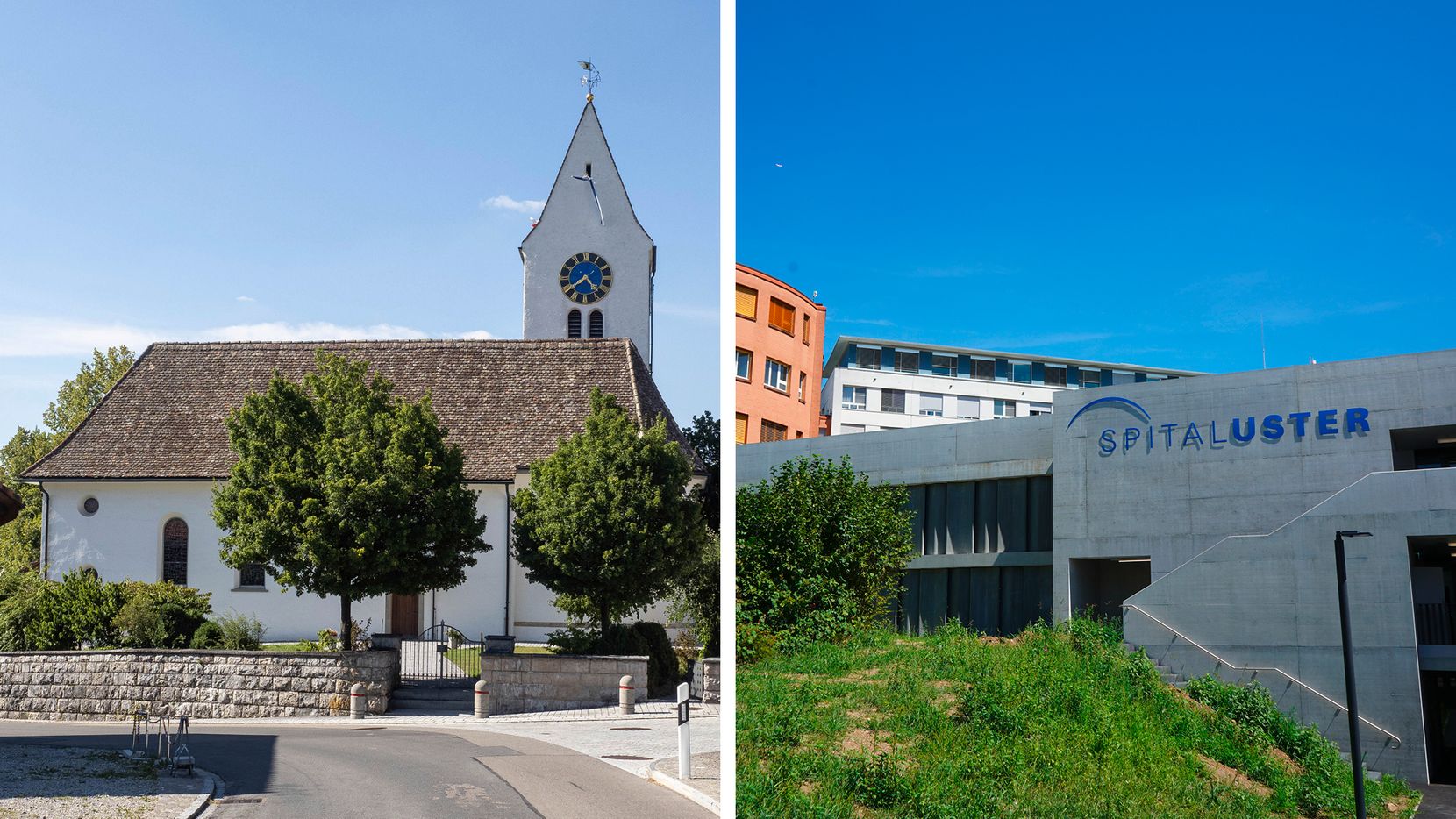 Links eine Kirche, rechts ein Spital.