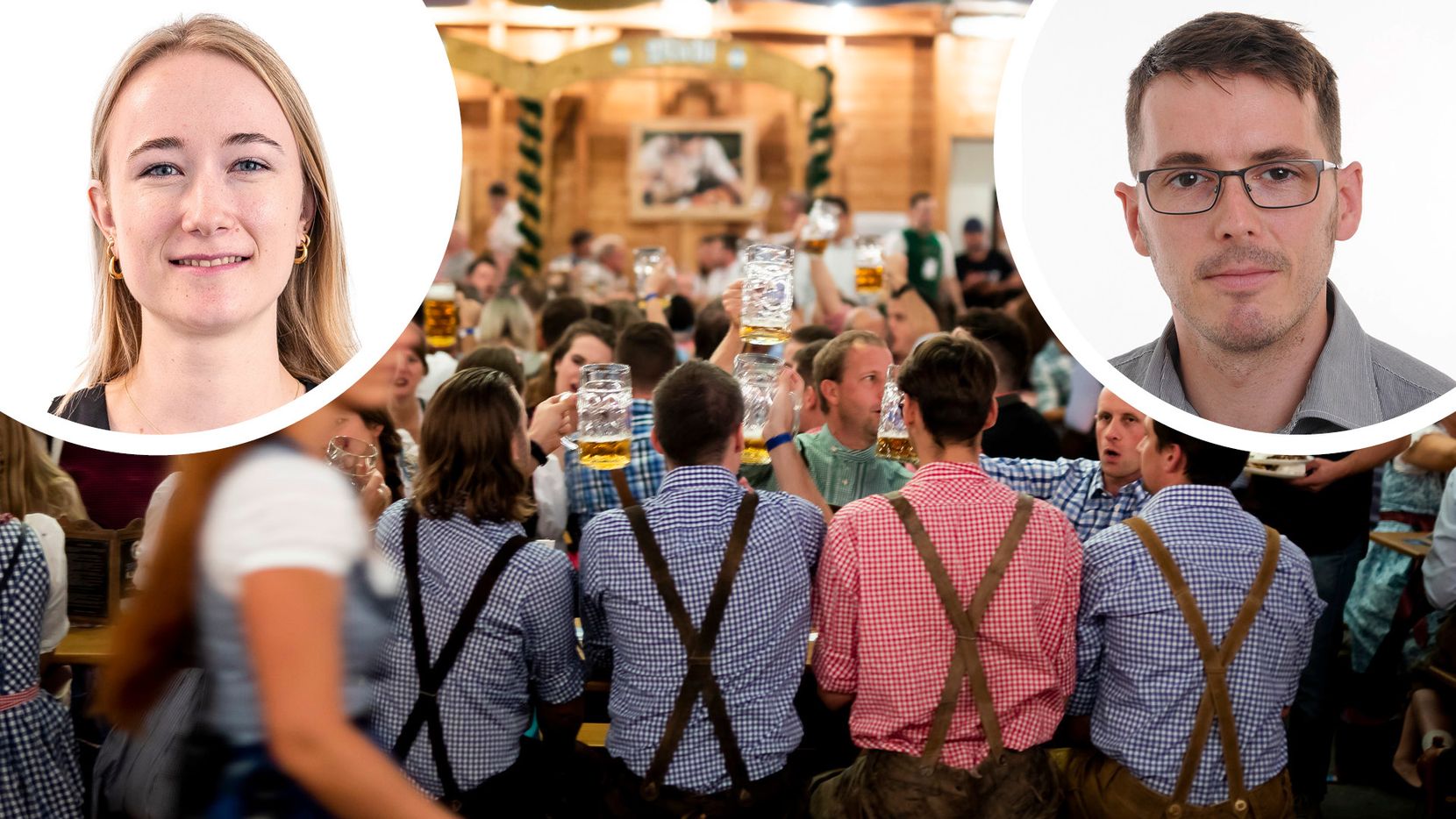 Männer in Lederhosen und Frauen in Dirndl an einem Festbank eines Oktoberfests. Oben rechts und links in weiss-umrandeten Kreisen die Portraits von Fiorella Koch und David Marti.