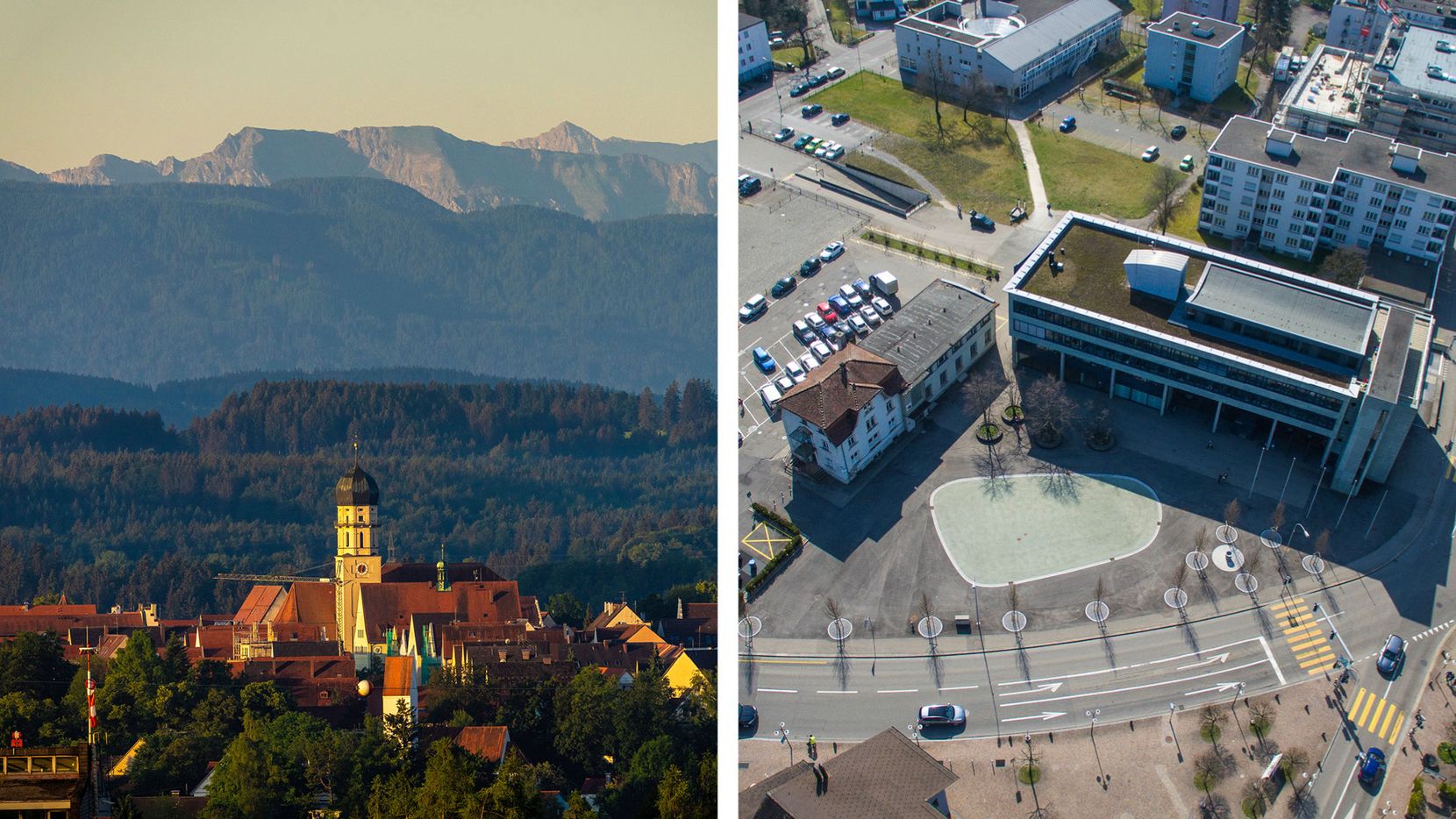 Bildkombo der beiden Städte Schongau, Deutschland (links) und Dübendorf (rechts)